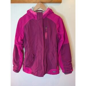 Lands' End Girls Hooded Winter Jacket Purple Pink Colorblock Fleece Lined XL 16
